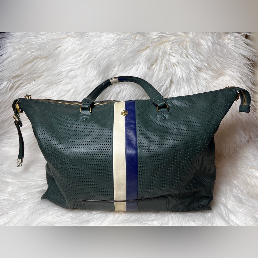 Tory Burch Green and Blue Tote Bag with Minimalist Design